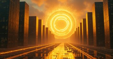 Cyfrowa metropolia z płyt głównych, serwerów i logo NVIDIA. Symbol potęgi obliczeniowej AI.