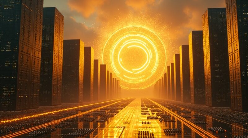 Cyfrowa metropolia z płyt głównych, serwerów i logo NVIDIA. Symbol potęgi obliczeniowej AI.