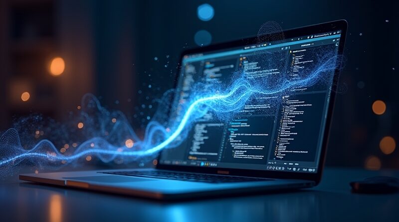 Eteryczny interfejs sieci neuronowej na macOS: Codex, agenci AI współdziałający w futurystycznym środowisku pracy.