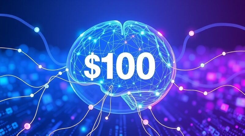 Świecąca sieć neuronowa w kształcie mózgu w bąblu z napisem "$100", symbolizująca subskrypcję ChatGPT Pro Lite.
