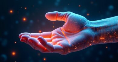 Grafika: Cybernetyczna "pazur" obejmuje ludzką dłoń. Symbioza technologii i natury.