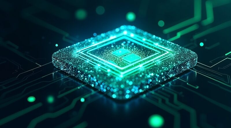 Futurystyczny mikroczip z elektrycznymi energiami, symbolizujący wyzwanie dla Nvidii w efektywności i szybkości pamięci.