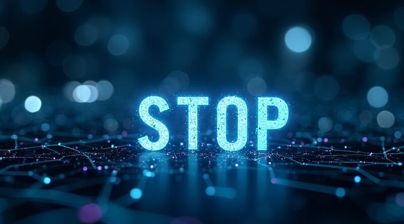Świecący napis "STOP" na tle abstrakcyjnej sieci, sugerujący przejęcie kontroli nad systemem autonomicznym.