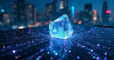 Świecąca płyta główna tworząca abstrakcyjne wzory kodu na tle nocnego miasta. Kryształ symbolizuje innowacje.