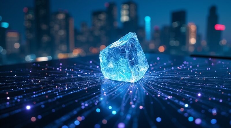 Świecąca płyta główna tworząca abstrakcyjne wzory kodu na tle nocnego miasta. Kryształ symbolizuje innowacje.