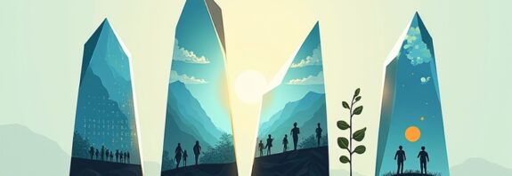 Rozbity kryształ z odbiciami: AI, kod binarny, oddalające się postacie, rosnąca roślina. Metafora rozłamu i zmian.