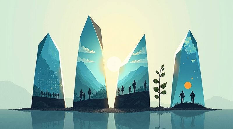 Rozbity kryształ z odbiciami: AI, kod binarny, oddalające się postacie, rosnąca roślina. Metafora rozłamu i zmian.