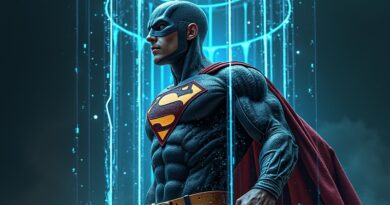 Rozpadający się, cyfrowy superbohater więziony przez AI. Mroczna metafora konfliktu praw autorskich i sztucznej inteligencji.