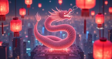 Lampiony AI wokół cyfrowego smoka w futurystycznym mieście, symbolizujące innowacje AI 2024.