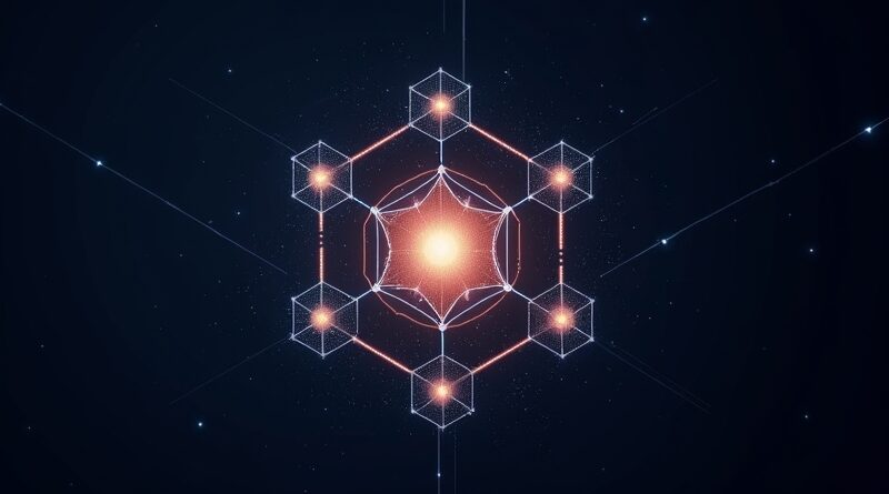 Mozaika sześciu połączonych kształtów geometrycznych reprezentujących filary AI w strategii Infosys 2024 dla biznesu.