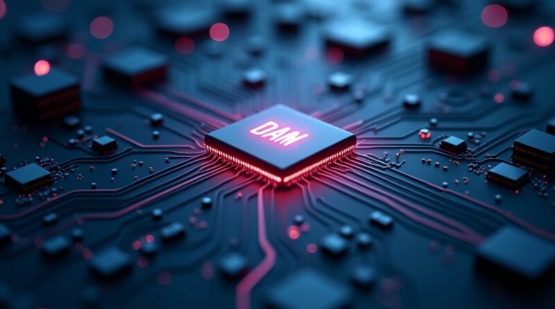 Pamięć DRAM obciążona ruchem danych AI na płycie głównej komputera, symbolizująca niedobory w 2024 roku.