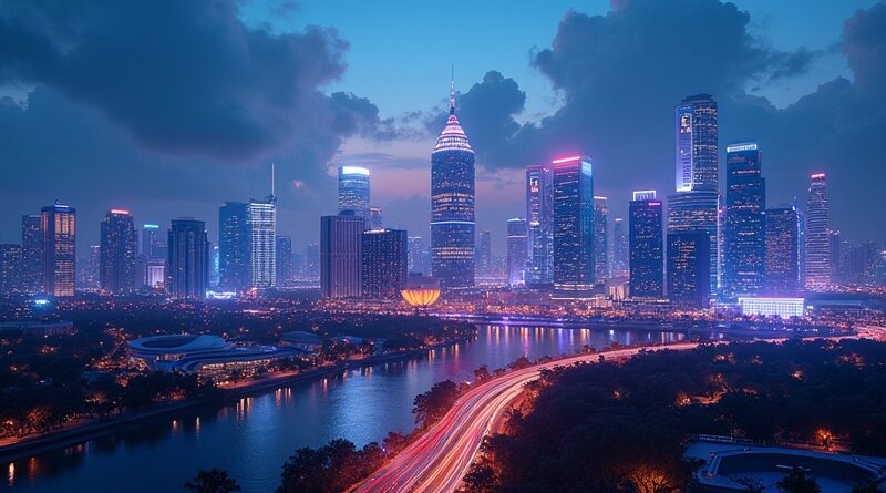 Futurystyczny Singapur nocą, neonowe światła i wzory AI, innowacje finansowe 2024.
