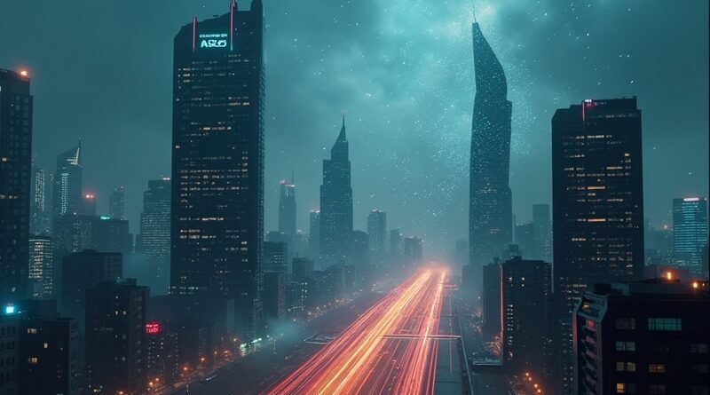 Futurystyczne miasto w 2024 roku: korporacyjna i kryptowalutowa AI, dyskutujące o globalnych transakcjach finansowych.