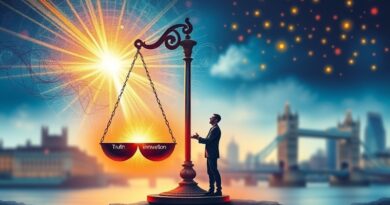 Wagi sprawiedliwości wśród kodu AI, symbolizujące kontrolę nad treściami dla AI w Londynie.