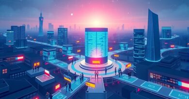 Futurystyczna Bruksela: cyfrowe rzeki danych zbiegają się w Berlaymont, symbolizując europejską suwerenność technologiczną.