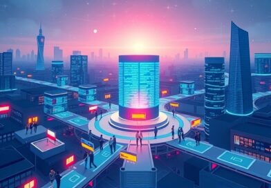Futurystyczna Bruksela: cyfrowe rzeki danych zbiegają się w Berlaymont, symbolizując europejską suwerenność technologiczną.