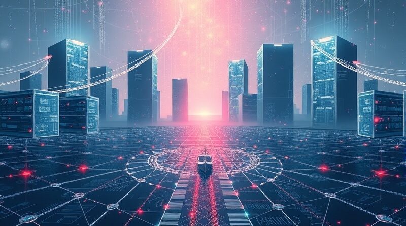 Futurystyczny krajobraz cyfrowy: serwery z Bałtyku, sieć światła, statek symbole AI w Polsce.