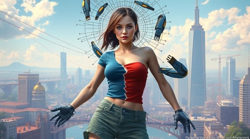 Kobieta rozrywana przez robotyczne ramiona, symbolizująca uprzedmiotowienie przez AI i zderzenie niezależnej twórczości z komercją.