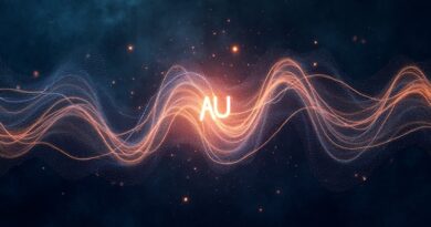 Abstrakcyjna sieć fal dźwiękowych z subtelnym symbolem "AU" w centrum, na tle głębokiego granatu.