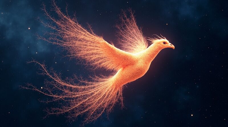 Bioluminescencyjny feniks z sieci neuronowej w locie, symbol AI, kreatywności i Firefly.