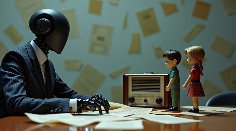 Sztuczna inteligencja w garniturze "rekrutuje" mechaniczne figurki Jacka i Jill, binarny kod w tle.