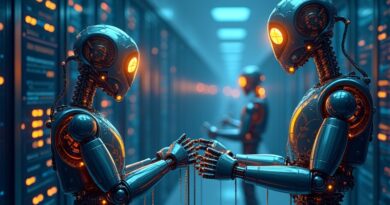 Futurystyczne roboty audytują kod w serwerowni, symbolizują agentowy system przeglądu kodu Anthropic.