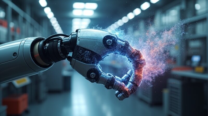 Robotyka przemysłowa Agile Robots łączy się z kodem DeepMind Gemini w futurystycznej fabryce.