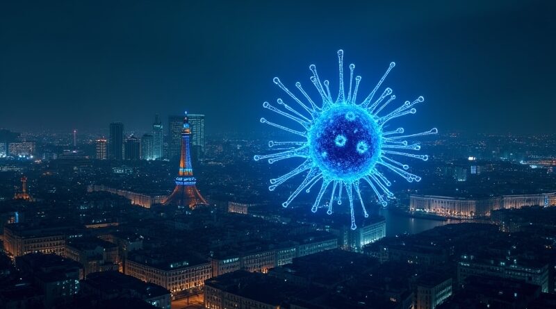 Neuron pulsujący energią w nocnym europejskim mieście. Przyszłość AI napędzana funduszem Air Street Capital.