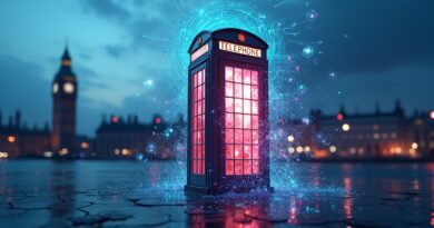 Stylizowana budka telefoniczna z kodem i sieciami neuronowymi symbolizuje Alexa+ w Wielkiej Brytanii.