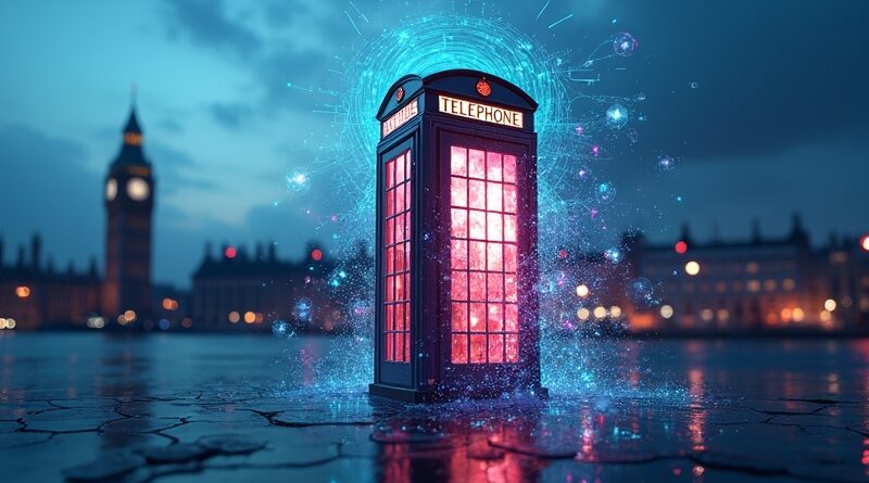 Stylizowana budka telefoniczna z kodem i sieciami neuronowymi symbolizuje Alexa+ w Wielkiej Brytanii.