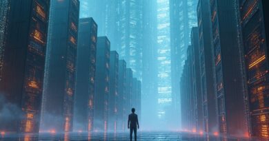 Futurystyczny krajobraz: serwerownie zamiast drapaczy chmur, człowiek kontempluje potęgę cyfrowej sieci.