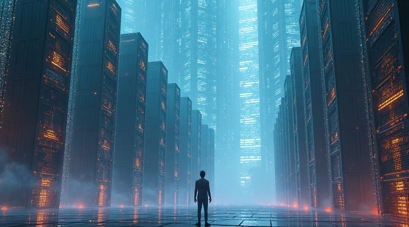 Futurystyczny krajobraz: serwerownie zamiast drapaczy chmur, człowiek kontempluje potęgę cyfrowej sieci.