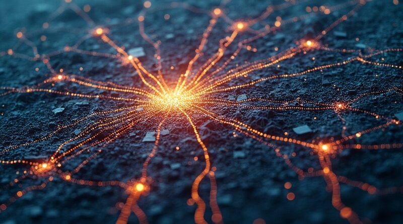 Sztuczna sieć neuronowa nakładająca się na satelitarną mapę spornego obszaru miejskiego, symbolizująca digitalizację planowania wojskowego.
