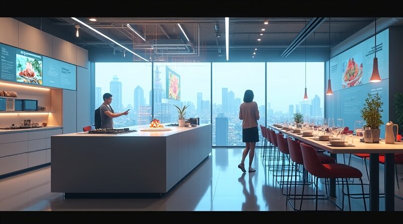 Futurystyczna kuchnia z hologramami i AI, która zamawia jedzenie przez Alexę.