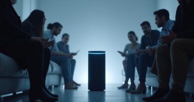 Futurystyczne wnętrze smart home. Alexa emituje neonowy blask, wokół zacienione sylwetki zaskoczonych dorosłych.