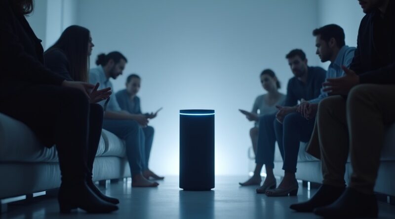 Futurystyczne wnętrze smart home. Alexa emituje neonowy blask, wokół zacienione sylwetki zaskoczonych dorosłych.