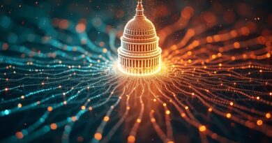 Abstrakcyjna sieć energetyczna zbiega się w data center, kolory od chłodnych do ognistych, symbolika polityczna USA.