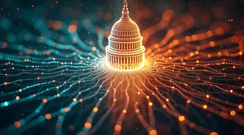 Abstrakcyjna sieć energetyczna zbiega się w data center, kolory od chłodnych do ognistych, symbolika polityczna USA.