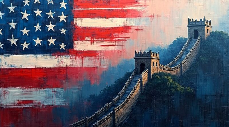 Amerykańska flaga częściowo przesłania stylizowaną płytę główną przypominającą Wielki Mur Chiński.