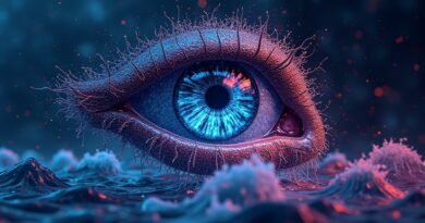 Cyfrowe oko z linii kodu nasłuchujące fal danych, symbolizujące ciągłe monitorowanie i przetwarzanie informacji.