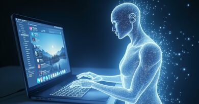 Klaude AI wyłania się z ekranu macOS, manipulując ikonami z gracją i energią.