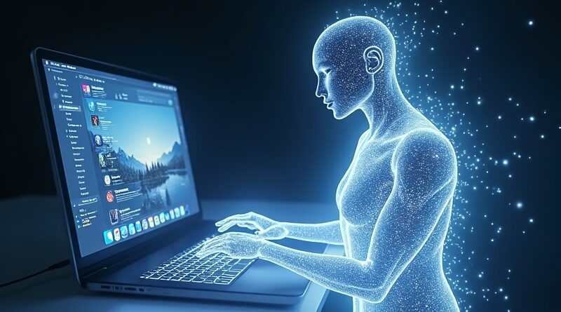 Klaude AI wyłania się z ekranu macOS, manipulując ikonami z gracją i energią.