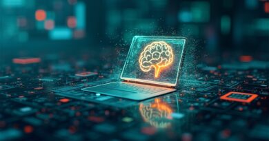 Abstrakcyjne połączenie pulpitu, sieci neuronowej i danych. Folder zmieniający się w AI mózg, cyfrowa inteligencja.