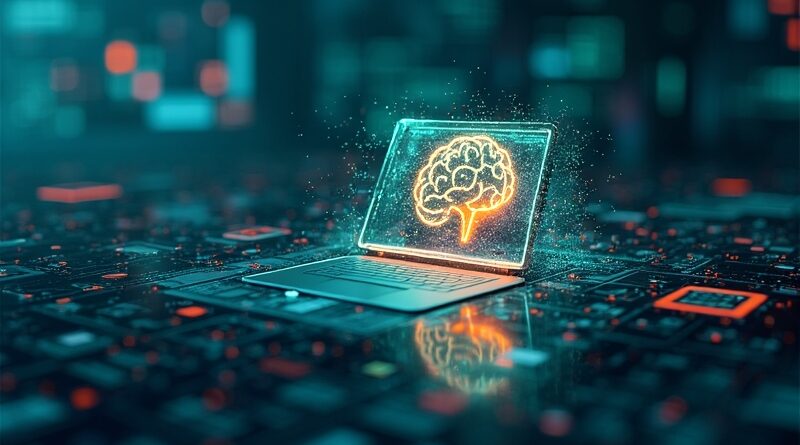 Abstrakcyjne połączenie pulpitu, sieci neuronowej i danych. Folder zmieniający się w AI mózg, cyfrowa inteligencja.