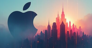 Olbrzymie logo Apple rzuca cień na miniaturowe miasto AI, symbolizując walkę z "vibe-codingiem".