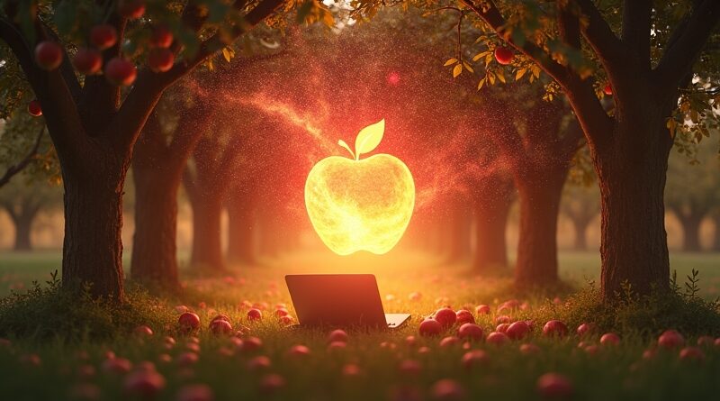 Eteryczny sad, jabłka-galaktyki, smartfon pod drzewem, promienie wiedzy. Metafora AI Apple trenowanego na Gemini.
