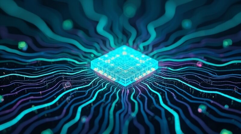 Cyberpunkowa wizualizacja infiltracji sieci przez AI. Glowing neural pathways atakują centralny serwer. Cyberatak przyszłości.