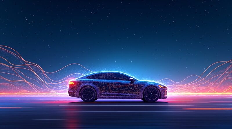 Abstrakcyjna wizja autonomicznej jazdy: neurony, autostrada, gwiazdy, logo Qualcomm i Wayve.