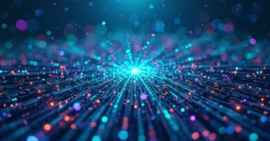 Abstrakcyjna sieć neuronowa sterująca wózkiem z tyczką, wizualizacja algorytmu DQN w JAX, odcienie niebieskiego i neonowa zieleń.