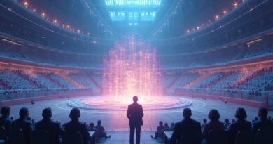 Futurystyczny amfiteatr, gdzie abstrakcyjne AI rywalizują, oceniane przez eterycznych sędziów. Arena innowacji.